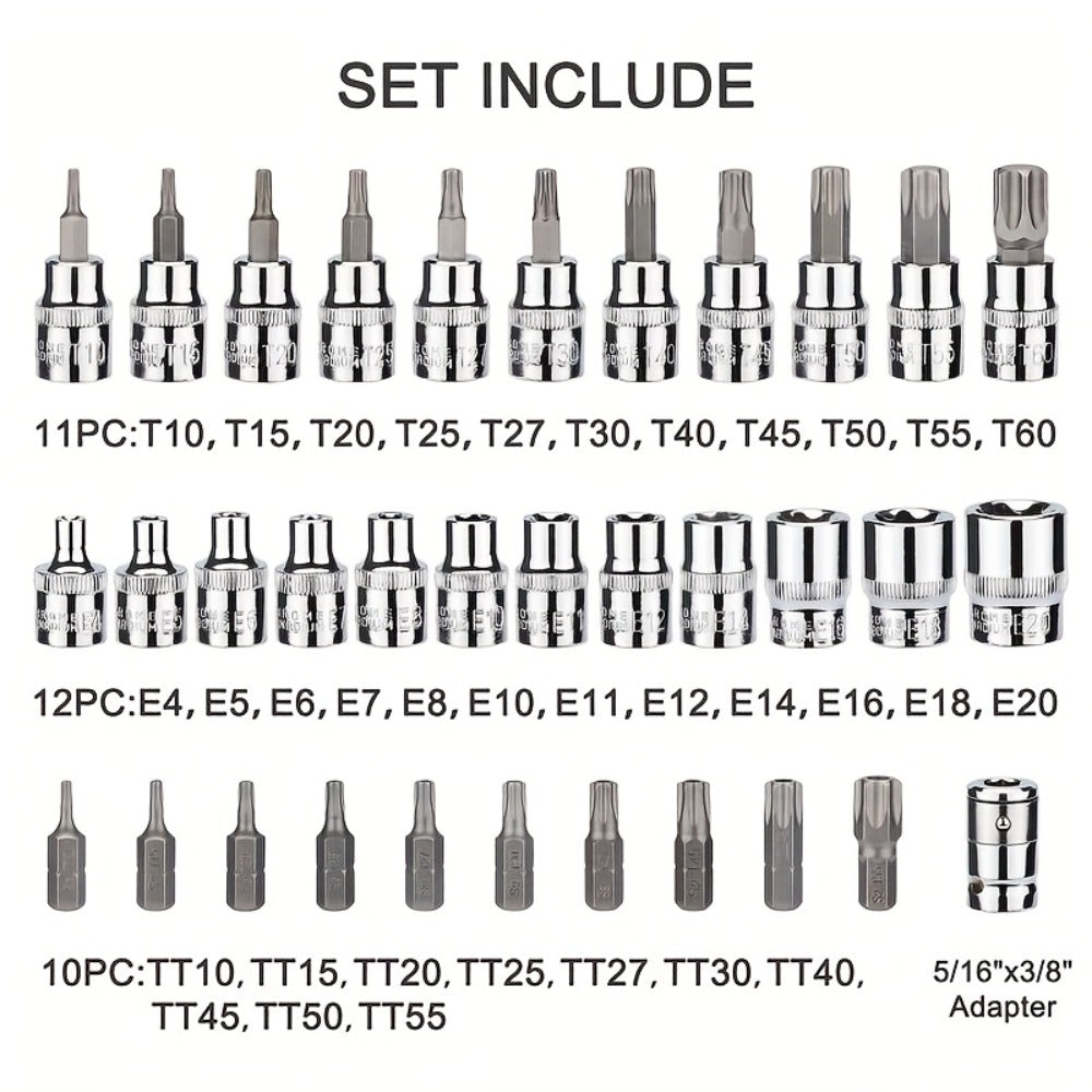 Torx Star Bit Socket Set 34/46-Piece - 3/8" Drive CR-V E-Socket E4-E20, T10-T60, Tamper-Proof TT10-TT55, S2 Steel, 5/16"F to 3/8"M Adapter, Storage Case - For Car, Truck & Home Improvement