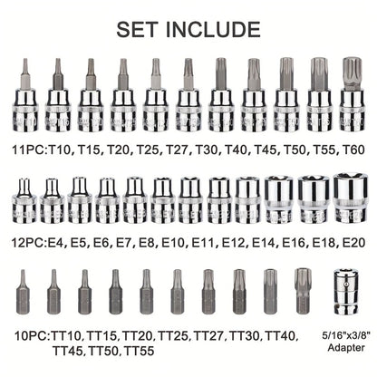 Torx Star Bit Socket Set 34/46-Piece - 3/8" Drive CR-V E-Socket E4-E20, T10-T60, Tamper-Proof TT10-TT55, S2 Steel, 5/16"F to 3/8"M Adapter, Storage Case - For Car, Truck & Home Improvement