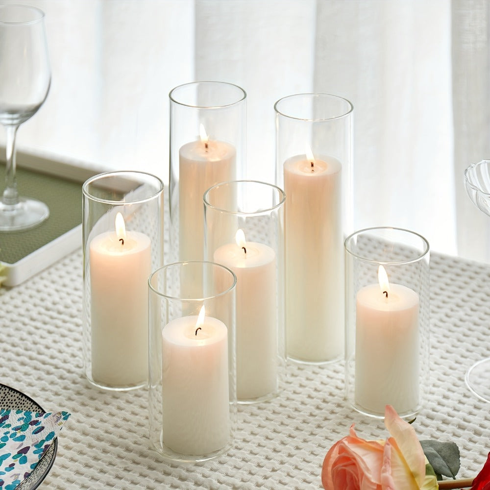 Pillar Candles with Clear Glass Hurricane Holders – Unscented White Cylinder Candles & Vases for Wedding Centerpieces, Party Tables, Home & Office Decor, Bulk Set 24 or 48 Pieces