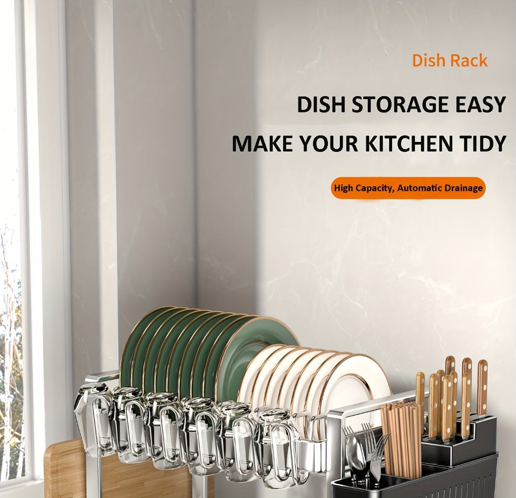Stainless Steel Two-Tier Dish Drying Rack with Drainboard, Cup Holders, Utensil Caddy and Lid Rack
