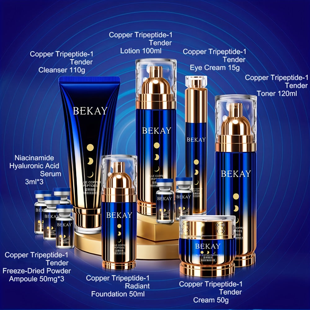 12-Piece BEKAY Skincare Gift Set with Blue-and-Gold Cleanser, Toner, Lotion, Cream and Eye-Care Collection