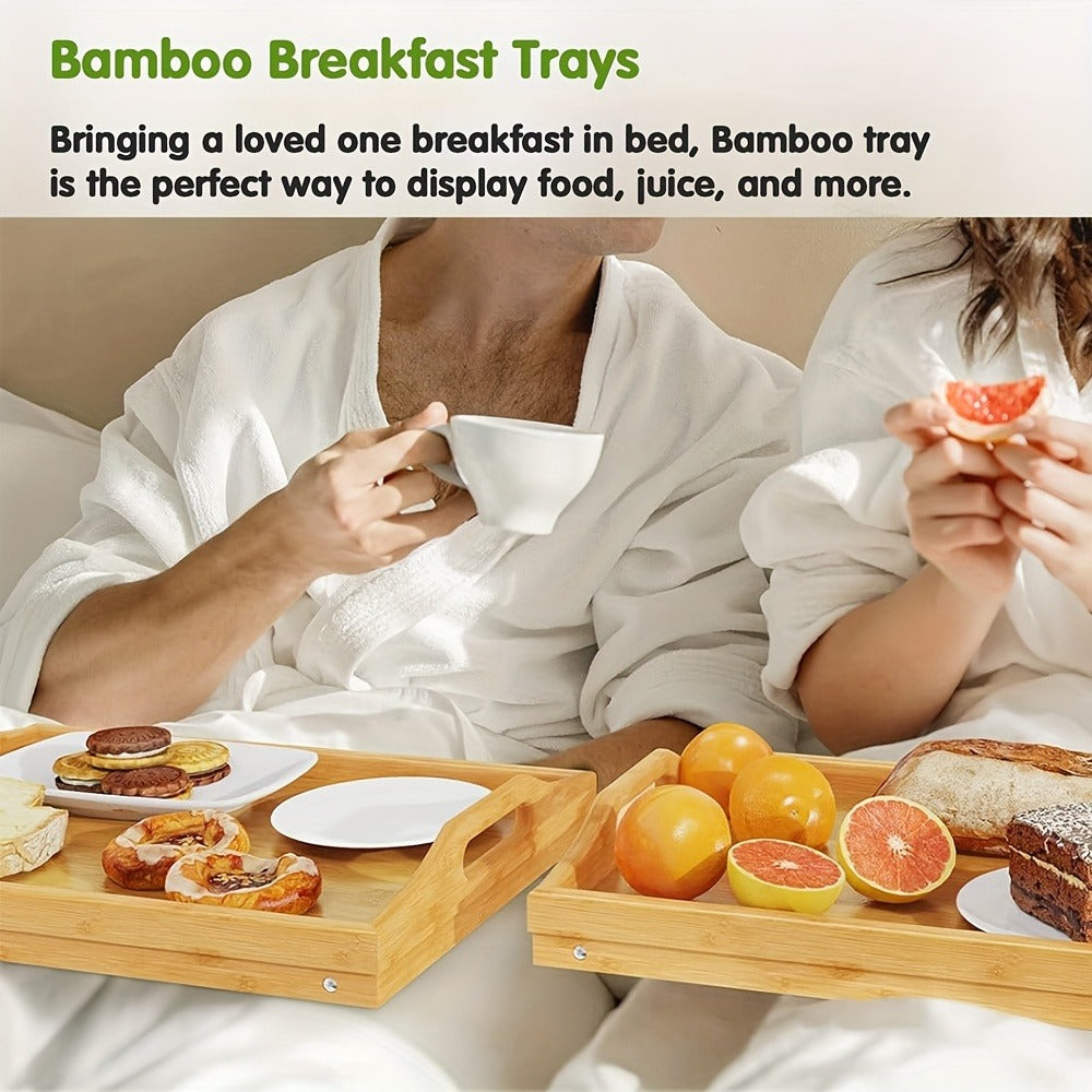 Bamboo Breakfast Tray with Folding Legs & Handles 2 Pack – Extra Wide Foldable Bed Tray Table for Eating, Working & Drawing on Sofa or Bed, Food-Safe Natural Bamboo with 10 Paper Plates