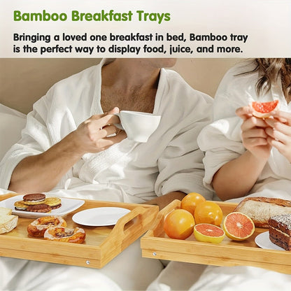 Bamboo Breakfast Tray with Folding Legs & Handles 2 Pack – Extra Wide Foldable Bed Tray Table for Eating, Working & Drawing on Sofa or Bed, Food-Safe Natural Bamboo with 10 Paper Plates