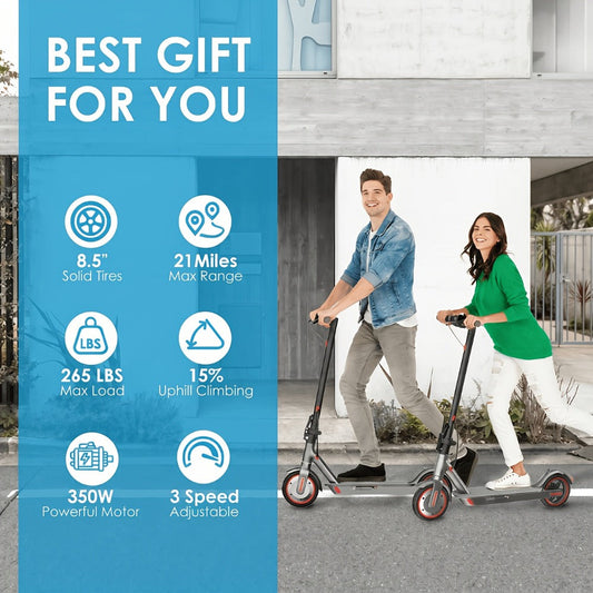 Electric Scooter for Adults 350W Motor 19 MPH 21-Mile Range Foldable Commuter Scooter 8.5 Inch Solid Tires APP Control Dual Brake LED Lights Portable