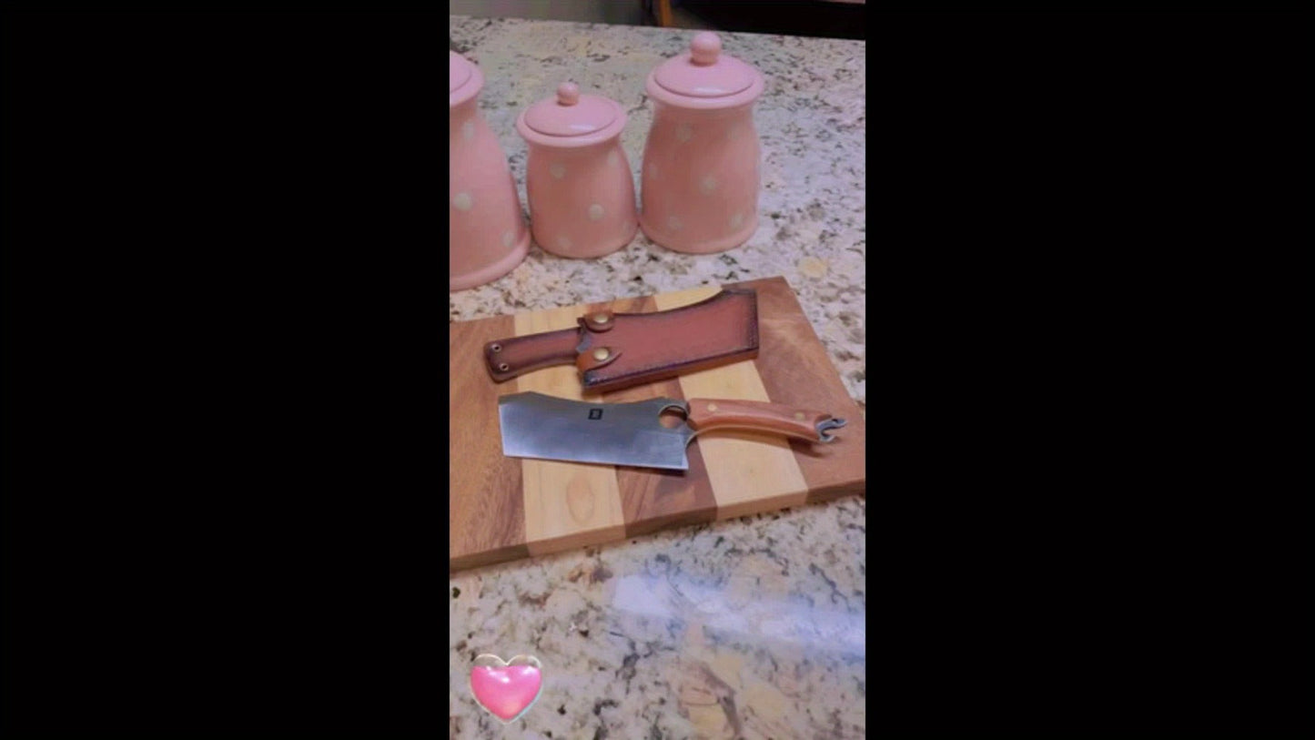 Full-Tang Meat Cleaver with High-Carbon Steel Blade, Wood-Look Handle, Brown Sheath and Presentation Box