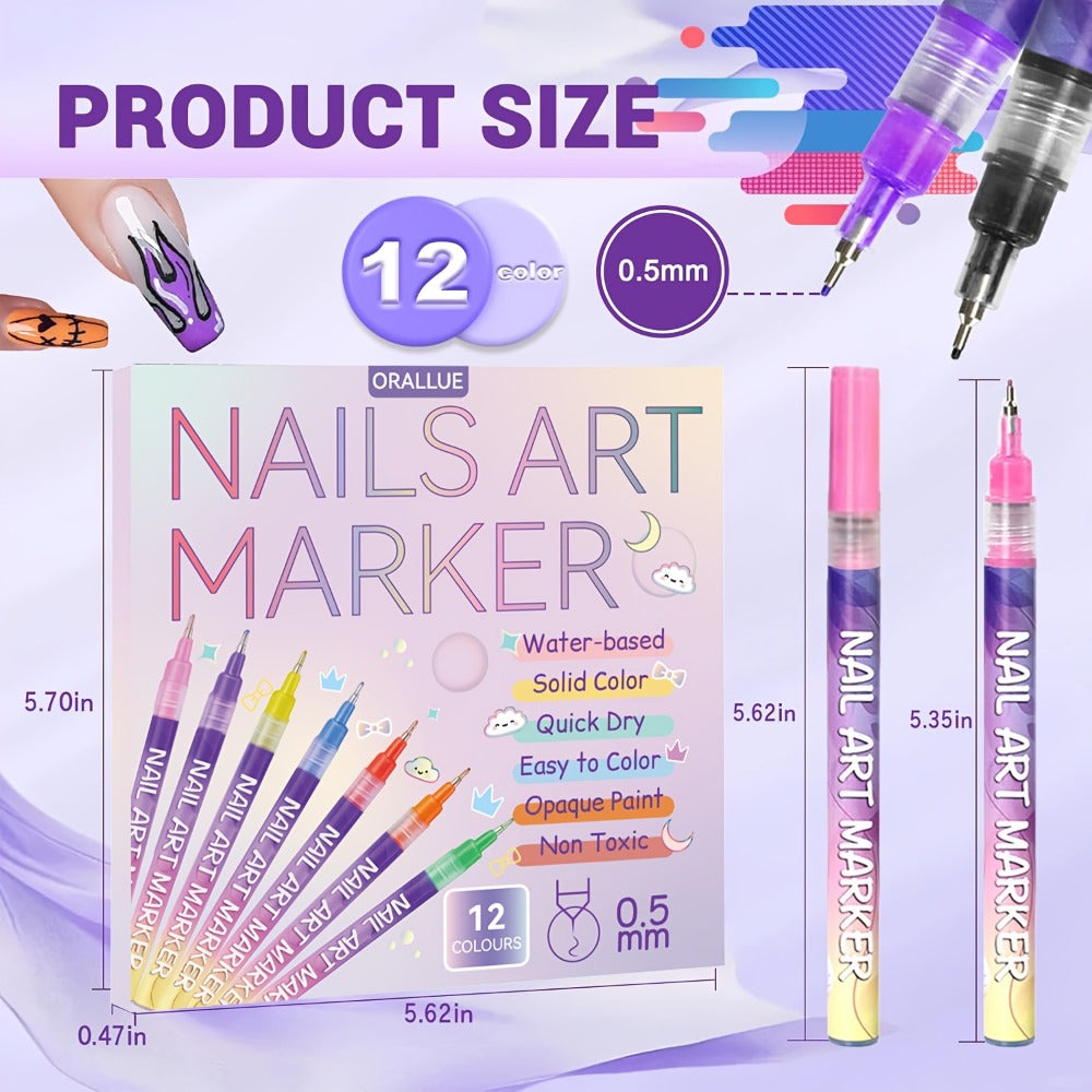 Nail Art Pens Set 12Pcs 0.5mm Ultra-Fine Tip Round Head Brush for DIY Nail Designs - Detailed Line Drawing & Nail Decoration Tools for Beginners and Professionals