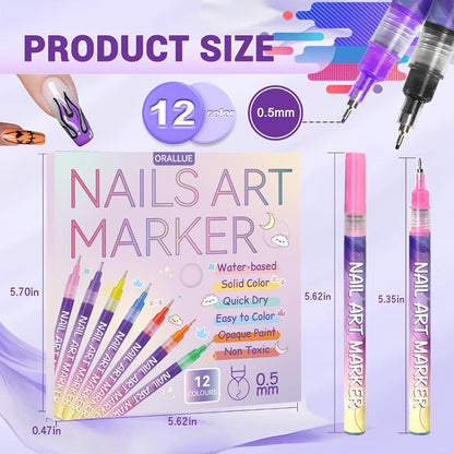 Nail Art Pens Set 12Pcs 0.5mm Ultra-Fine Tip Round Head Brush for DIY Nail Designs - Detailed Line Drawing & Nail Decoration Tools for Beginners and Professionals