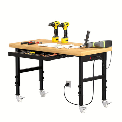 Garage Workbench Solid Wood Tool Desk with Drawers, Power Outlets & Swivel Casters, 48"/60"/70" Heavy-Duty Workshop Bench for Home Garage & Workshop