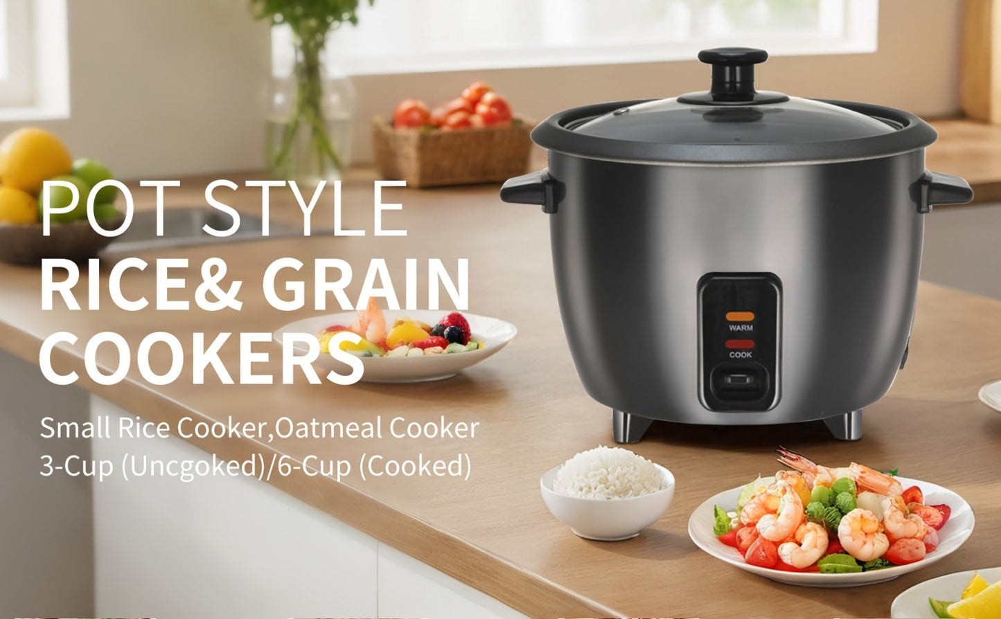 Three-Cup Uncooked / Six-Cup Cooked Rice Cooker with One-Touch Cook and Warm Modes, Inner Pot and Accessories