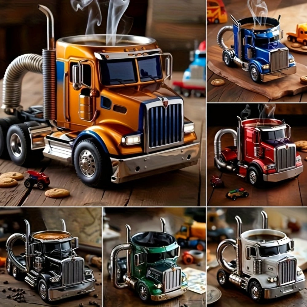 Semi-Truck-Shaped Coffee Mug with Metal-Look Interior and Trim in Blue or Black Color Options