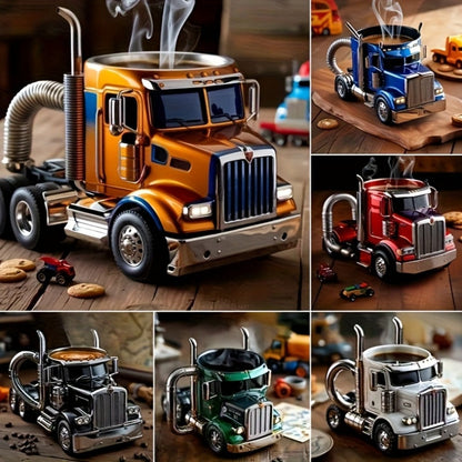 Semi-Truck-Shaped Coffee Mug with Metal-Look Interior and Trim in Blue or Black Color Options
