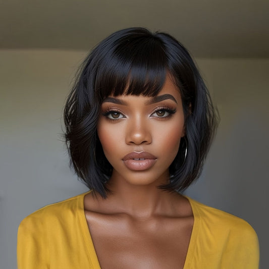 Human Hair Bob Wig Glueless Pre Plucked Pre Cut Pixie Bob Natural Black 8 Inch 130% Density Virgin Brazilian Hair Wig for Black Women