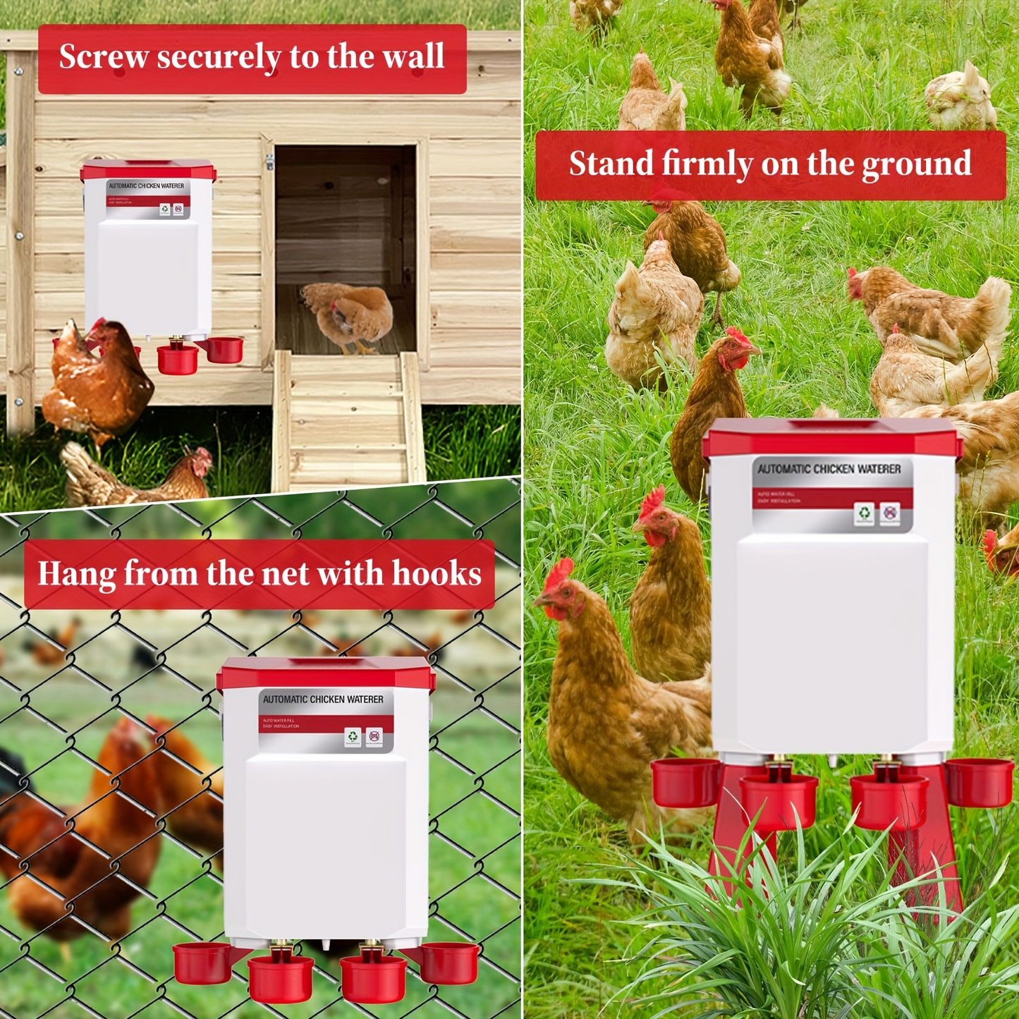 Hose-Connected Automatic Poultry Waterer with Float Valve, Four Cups and Red or Teal Color Options