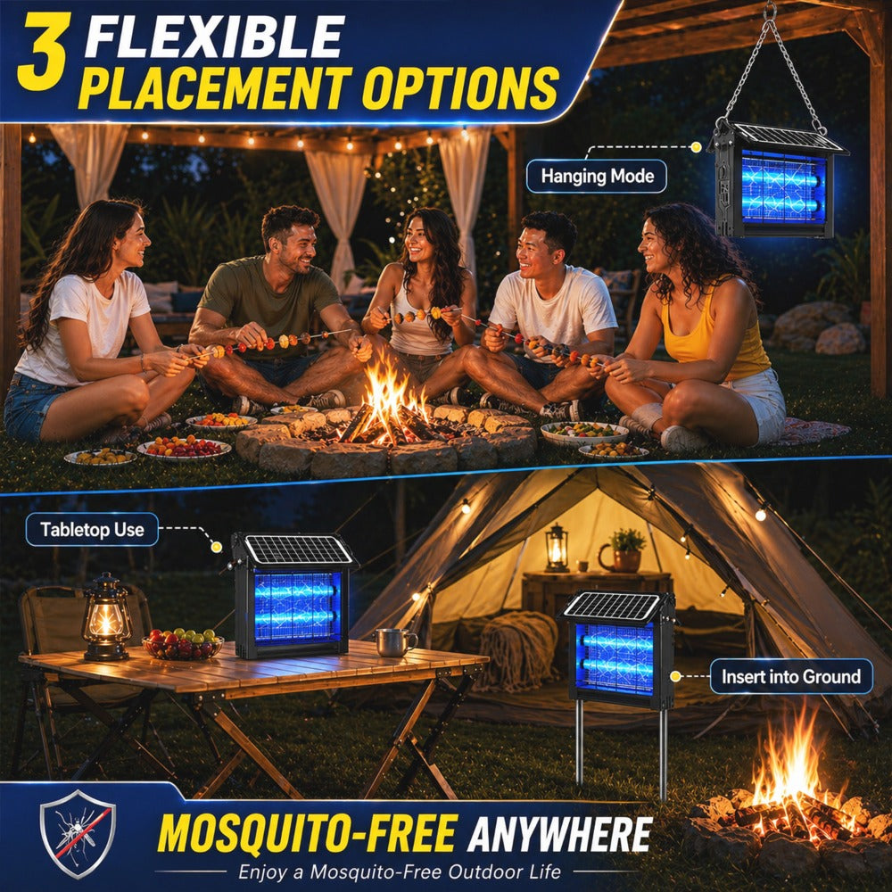 Dual-Panel Solar Bug Zapper with Rectangular Blue Grid Light in One or Two-Piece Black Options