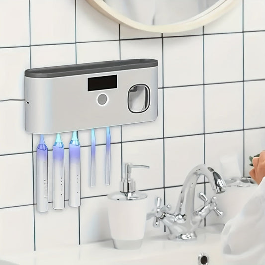 Toothbrush Holder Wall Mounted No Drill - 4-Slot Bathroom Toothbrush & Toothpaste Storage Rack, Modern Bathroom Organizer, Self-Adhesive Wall Mount, White Grey Bathroom Decor Accessories
