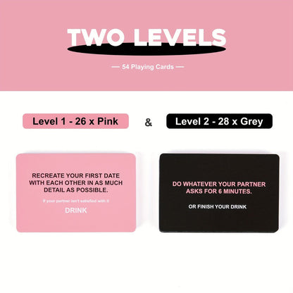 Drunk Lovers Couples Card Game with 54 Prompt Cards Split into 26 Pink and 28 Gray Cards, with Compact Pink Box