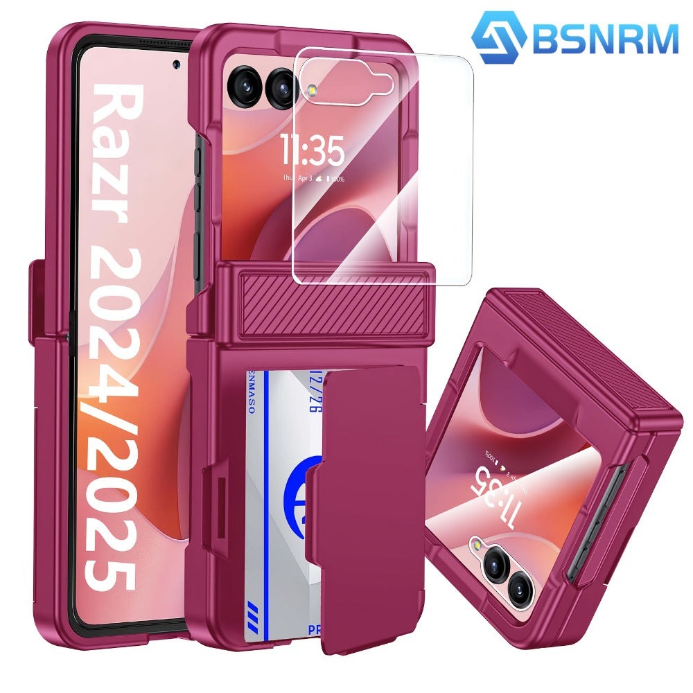 Phone Case Hinge Protector with Built-In Screen Cover, Card Clip and Lanyard for Motorola Razr 2024 and 2025