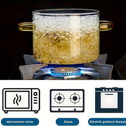 Borosilicate Glass Pot with Lid 50oz Stovetop & Microwave Safe – Double Heat-Resistant Handles for Soup, Milk & Porridge | Transparent Glass Saucepan Kitchen Cooker with Yellow or Green Handle