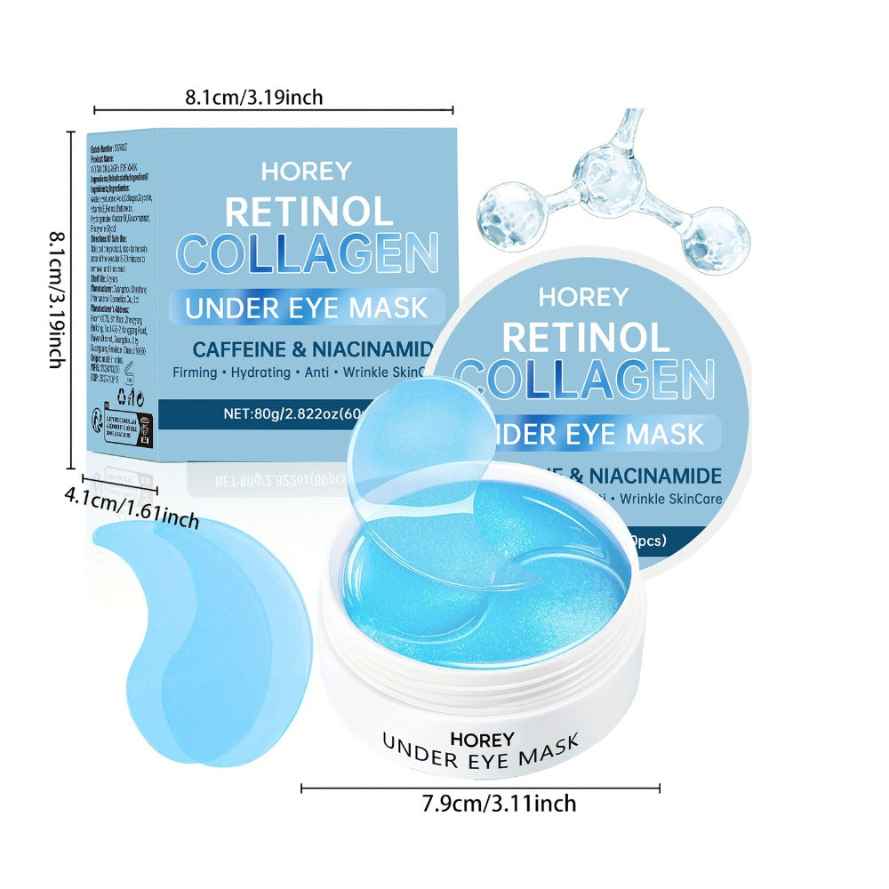 HOREY Blue Under-Eye Patch Jar with 60 Pieces and Retinol, Collagen, Caffeine and Niacinamide Package Wording