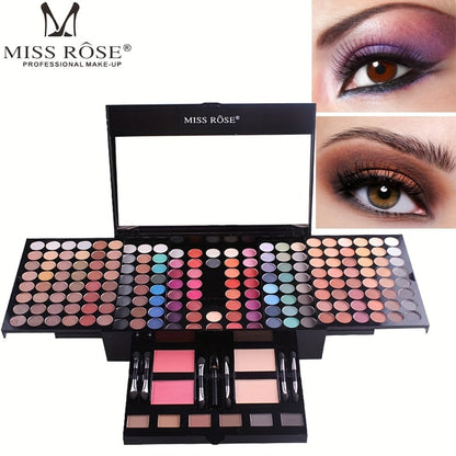 Makeup Kit 190-Color Fold-Out Face and Eye Palette with Center Mirror, 144 Eyeshadow Shades and Eight Brushes