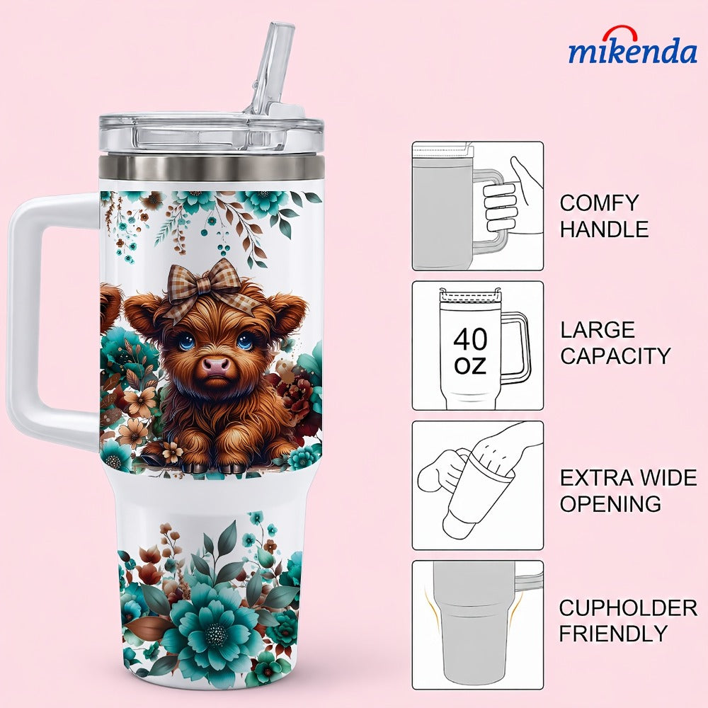 Insulated Tumbler 16oz or 40oz-2 Highland Cow Floral Graphic in 304 Stainless Steel Vacuum Design