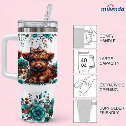 Insulated Tumbler 16oz or 40oz-2 Highland Cow Floral Graphic in 304 Stainless Steel Vacuum Design