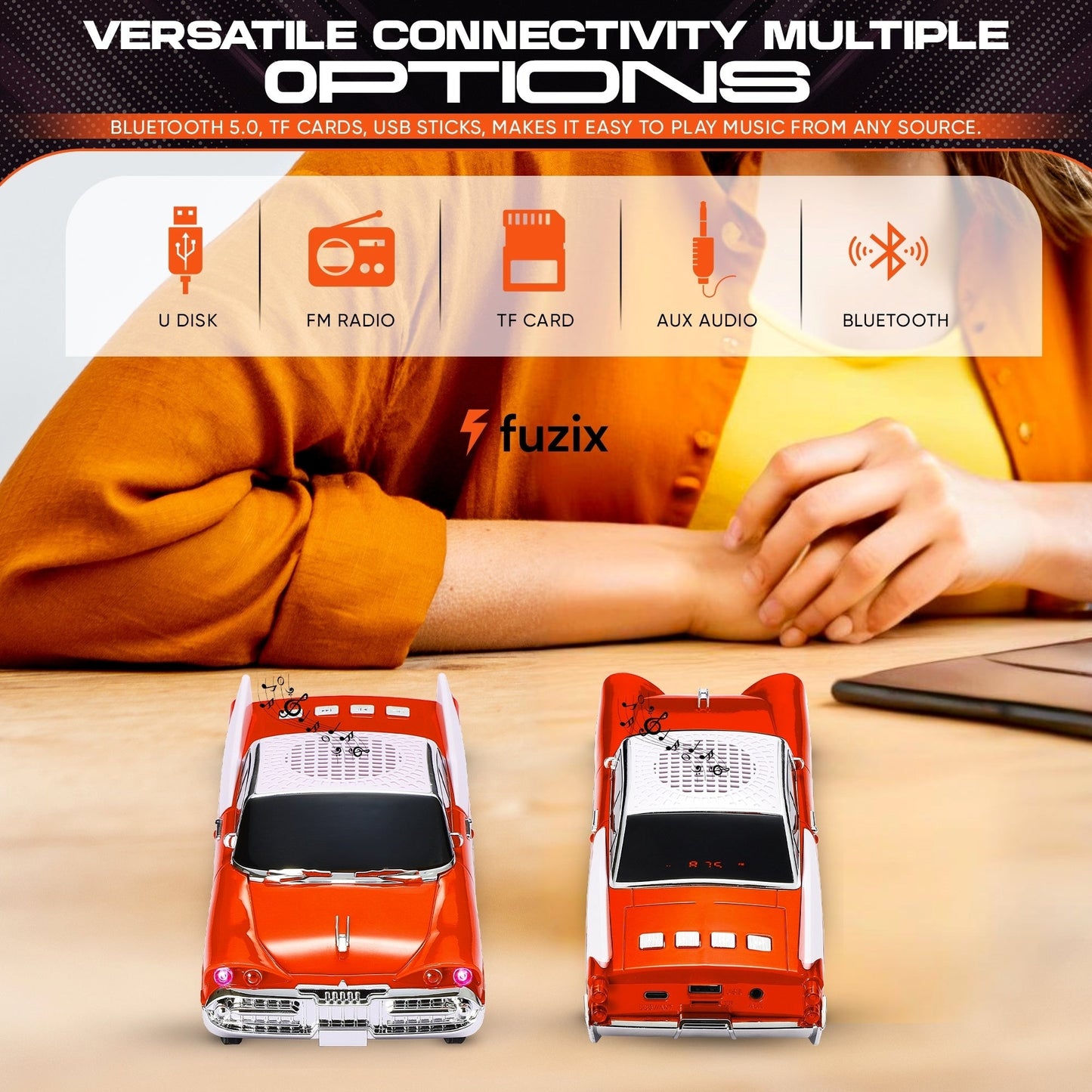 Portable Bluetooth Speaker Fuzix WS-1965 Retro Car with LED Lights, Mic, FM, AUX, USB and TF