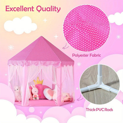 Pink Hexagonal Princess Play Tent with Sheer Mesh Door, Flower Print, 48-Inch Base and 52-Inch Height