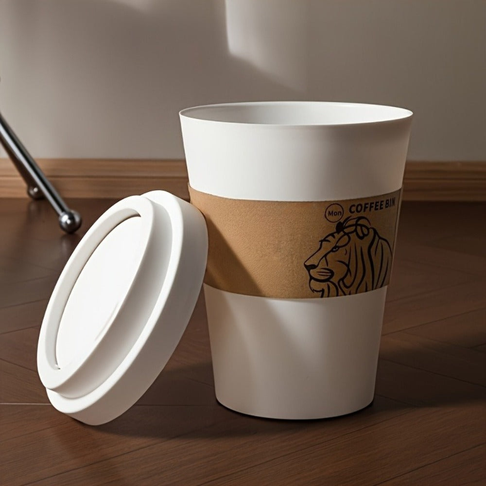Compact Desktop Trash Can with Lift-Off Lid and White or Black Lion-Print Checkout Options