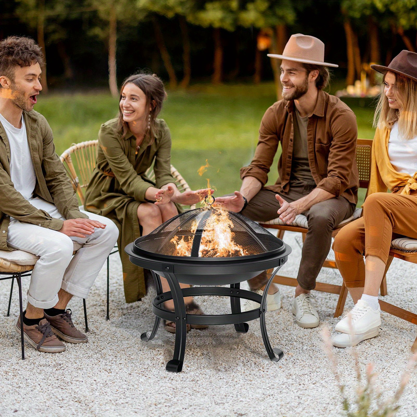 22-Inch Round Fire Pit with Domed Mesh Cover, Inner Log Grate, Four-Leg Stand and Long Poker