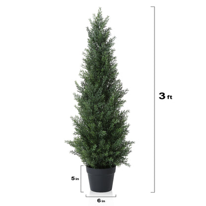 Artificial Cedar Topiary Tree with 3, 4 or 5 ft Height Options, Black Pot and Single or Two-Tree Sets