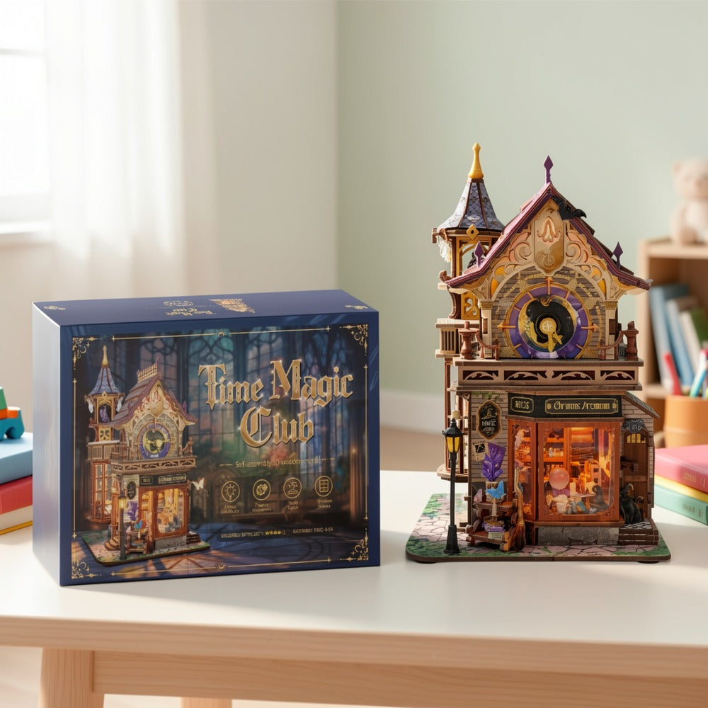 Time Magic Club SQ-71 Wooden Miniature Bookhouse Model Kit with Mechanical Link System for Ages 14+