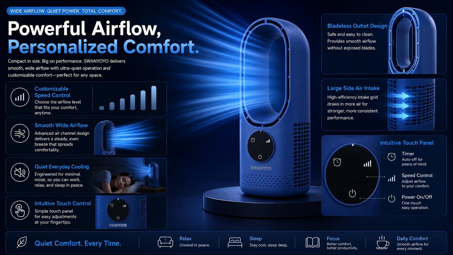 Portable Bladeless Fan USB Tower Fan, Desktop Air Conditioner Fan with Water Mist Cooling, Remote Control, Touch Screen, 7-Color LED Ambient Light and Timer, Personal Cooling Fan for Office, Travel, Camping, Home