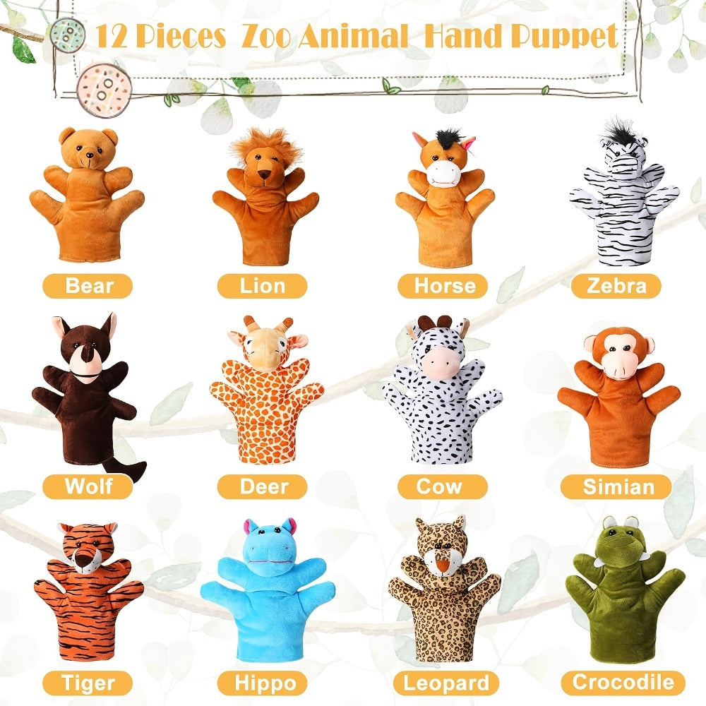 Zoo Animal Hand Puppets Set 12pcs Plush Pretend Toys with Tiger Lion Bear Leopard & More, Soft Stuffed Puppet for Storytelling Teaching Role Play, Kids Toddlers Birthday Christmas Halloween Gift