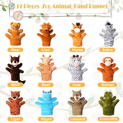 Zoo Animal Hand Puppets Set 12pcs Plush Pretend Toys with Tiger Lion Bear Leopard & More, Soft Stuffed Puppet for Storytelling Teaching Role Play, Kids Toddlers Birthday Christmas Halloween Gift