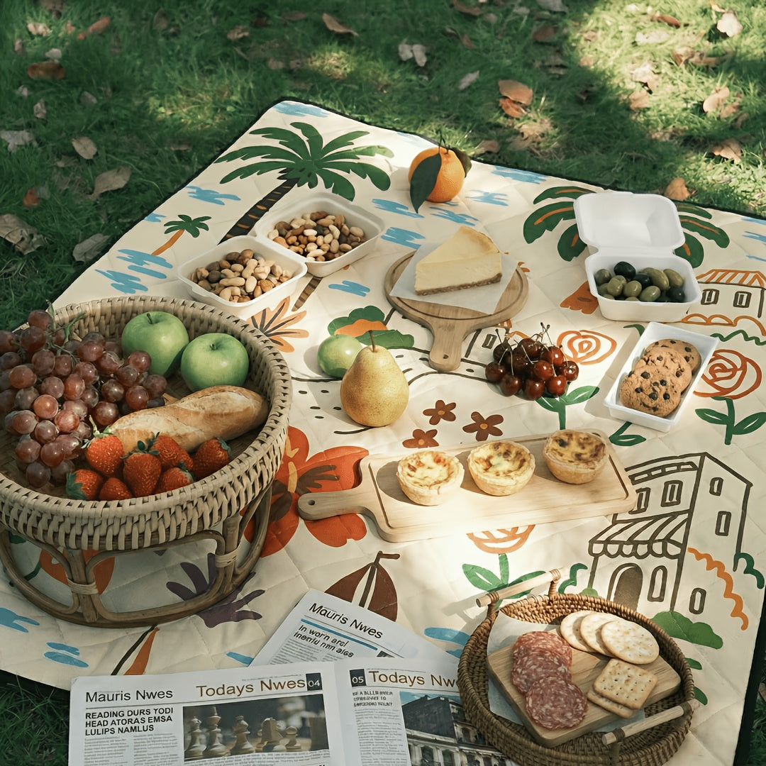 Large Padded Picnic Blanket with Carry Straps in Geometric, Palm-Village or Tropical Leaf Prints