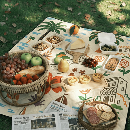 Large Padded Picnic Blanket with Carry Straps in Geometric, Palm-Village or Tropical Leaf Prints