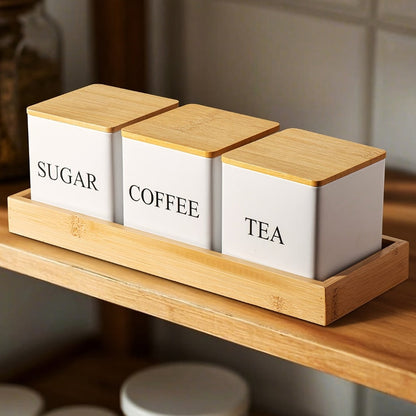 Three-Piece Black or White Ceramic-Style Kitchen Canister Set for Coffee, Tea, Sugar or Spices