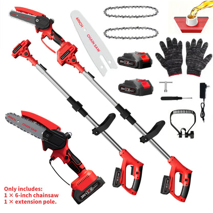 Cordless Electric Pole Saw 6-Inch Brushless Motor – Telescopic Foldable High-Reach Pruner, 2 Chains & 2 Batteries, Quick Blade Change for Tree Trimming