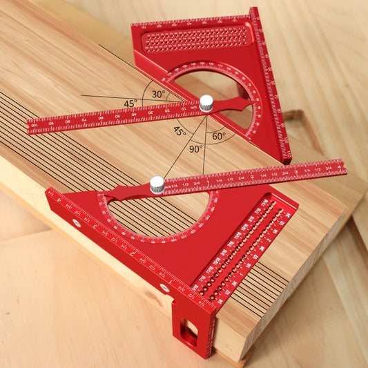 Adjustable 3D Carpentry Square Set 180° Rotating Aluminum Alloy Triangle Ruler T-Square with Scribing Holes Red Black Markings Woodworking Measurement Tool