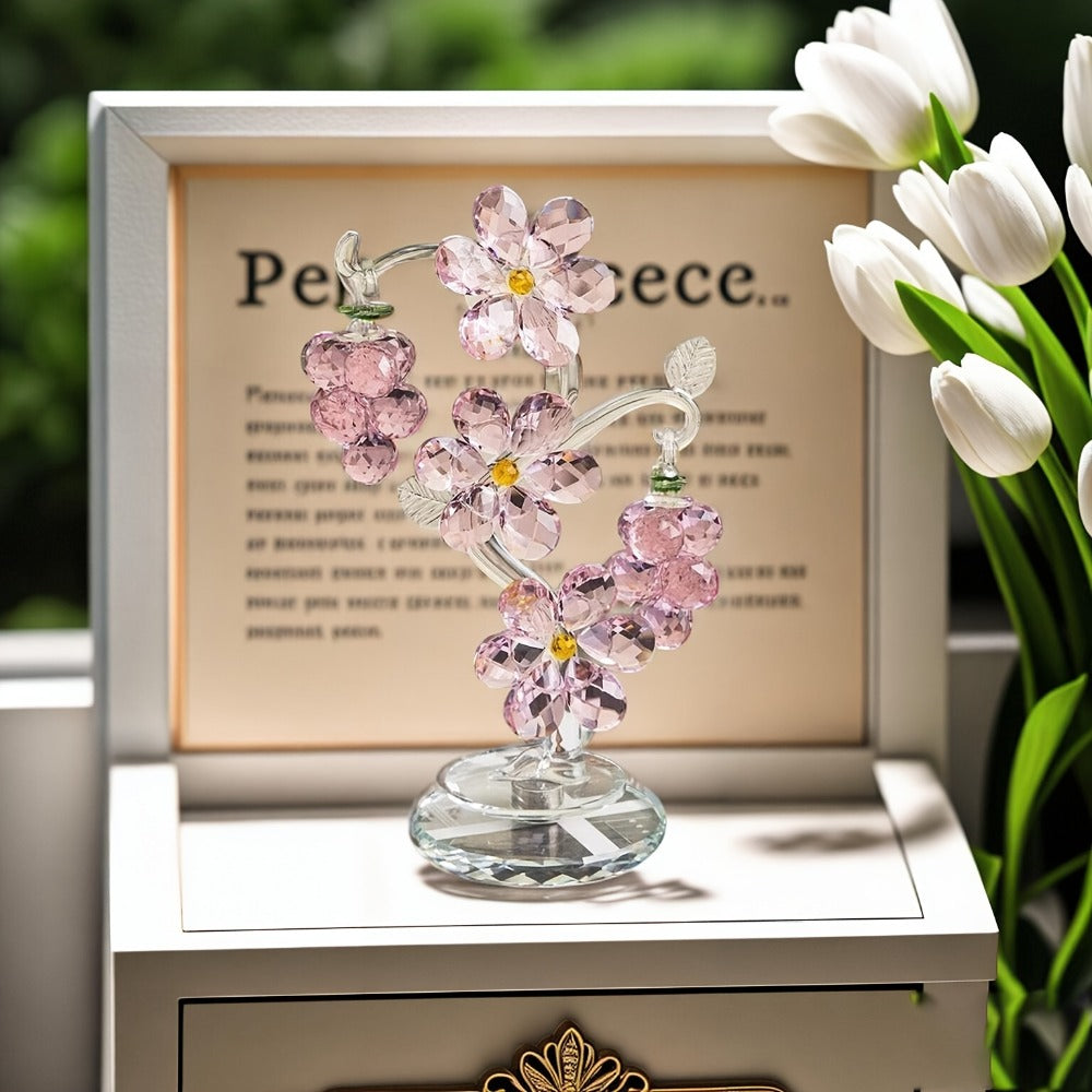 Pink Crystal Tree Statue Ornament - Romantic Crystal Flower Sculpture with Rotatable Base, Elegant Home Decor Gift for Valentine's Day