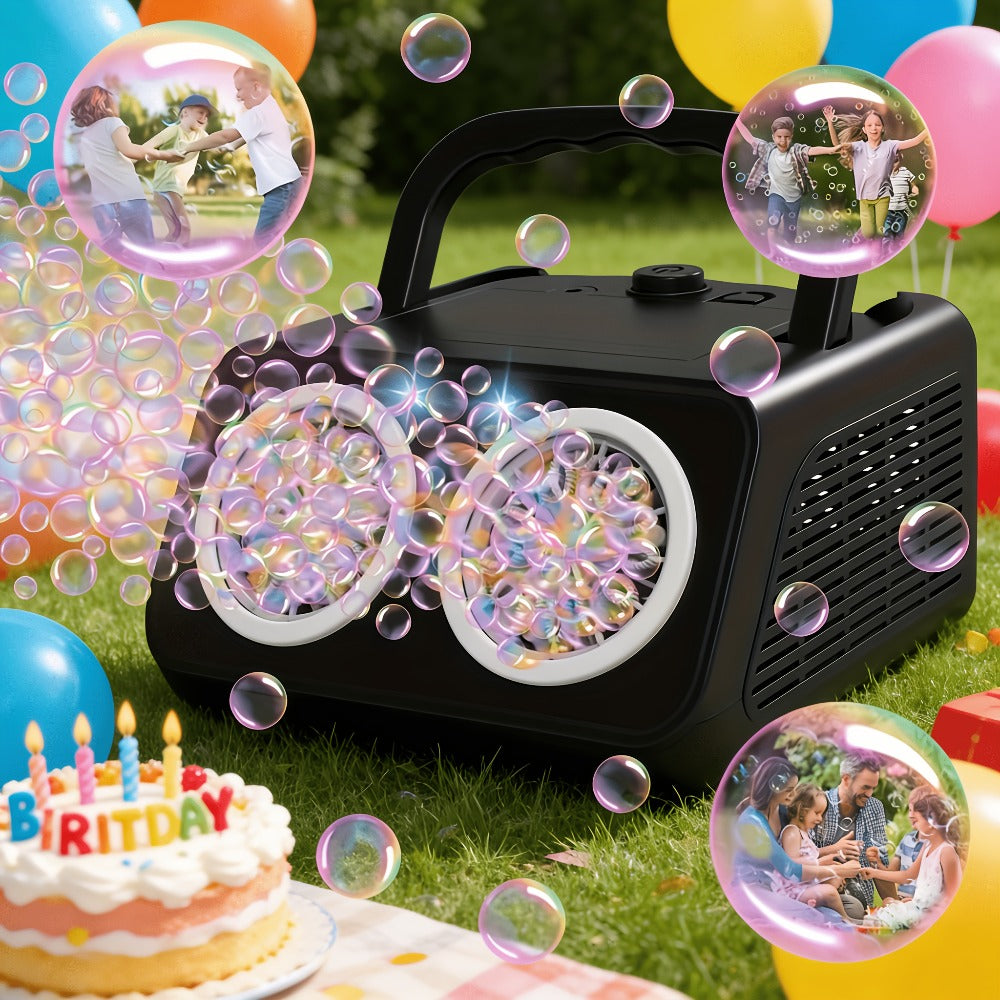 White Dual-Wheel Bubble Machine with Material Thickened Label, Handle, USB Port and Battery Compartment