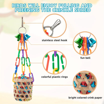Six-Piece Hanging Bird Toy Set with Wood, Paper, Plastic Rings, Bell, Rope and Metal Hooks for Small Parrots