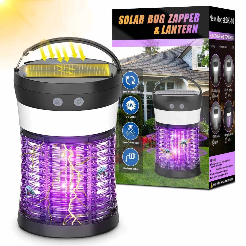Solar and USB-C Insect Zapper Lantern with 3000V Grid, Dual UV Labels and Three Lighting Modes