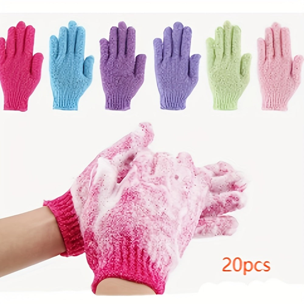 Twenty-Piece Rose-Red Exfoliating Shower Glove Set with Textured Five-Finger Mitt Design Pictured