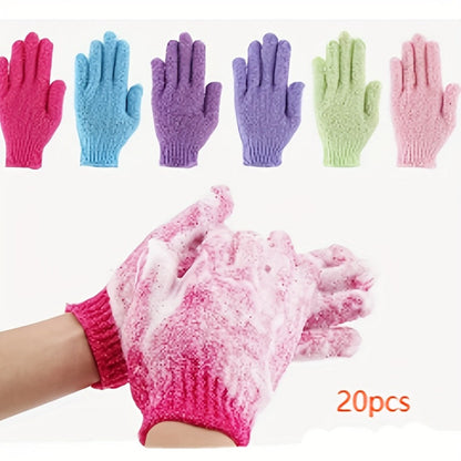 Twenty-Piece Rose-Red Exfoliating Shower Glove Set with Textured Five-Finger Mitt Design Pictured