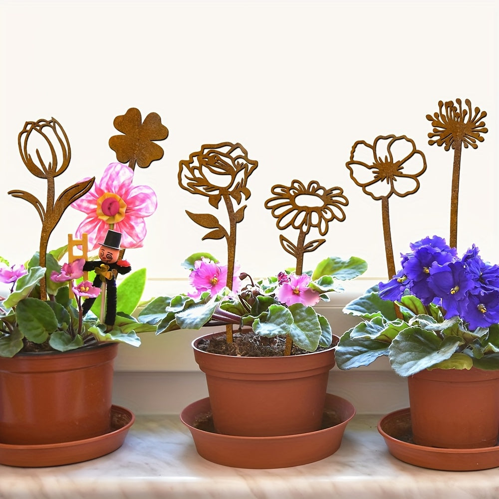 Rustic Flat Metal Flower Garden Stakes, Six-Piece Rose, Daisy and Botanical Set for Pots and Borders