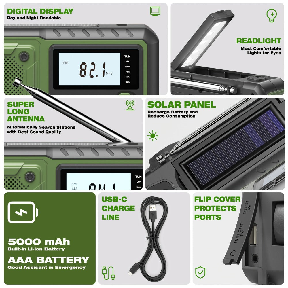 5000mAh Digital AM/FM/NOAA Emergency Radio with Solar Panel, Hand Crank, Reading Light and Three Colors