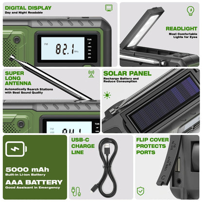 5000mAh Digital AM/FM/NOAA Emergency Radio with Solar Panel, Hand Crank, Reading Light and Three Colors