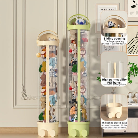 Stuffed Animal Storage Bin Transparent Cylindrical with Zipper – Large Plush Toy Organizer for Kids Bedroom Living Room – Clear Doll Storage Bag Easy Assembly